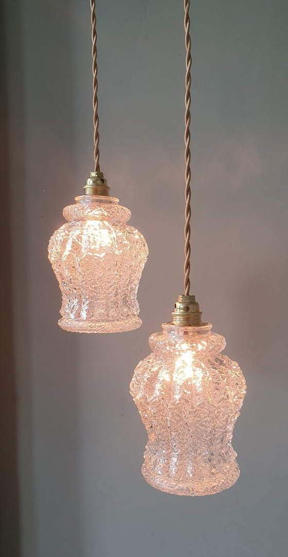 Image 1 of Set Van Twee Vintage Hanglampen Van Dik, Getextureerd Glas