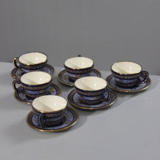HB Quimper Atelier Pierre Poquet um 1950 6 Tassen und Untertassen mit Golddekor