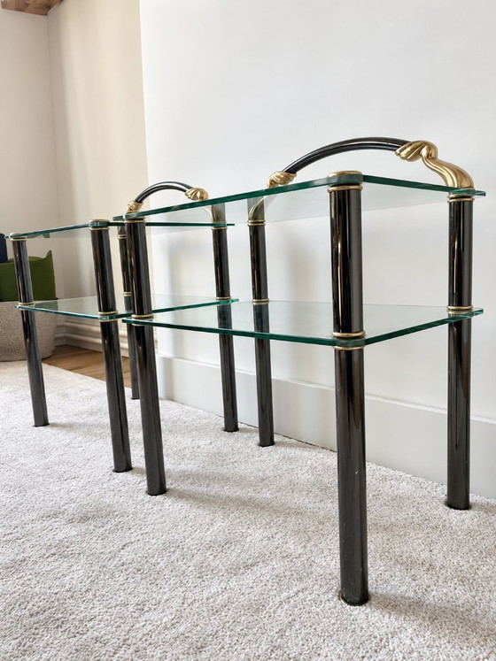 2 vintage side tables/nightstands, Hollywood Regency style, Metal, Glass, Black (photo 5 of 6)