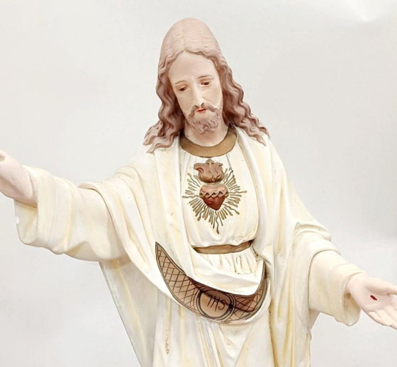 Image 1 of Large Belgian Devotional Polychrome Sacred Heart of Jesus Statue, plaster 1900s