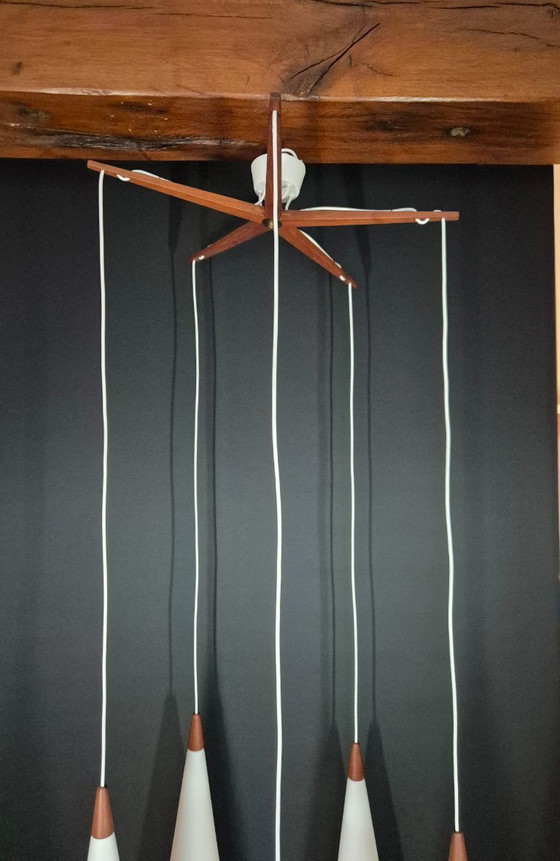 Image 1 of Lampada a sospensione vintage - Fog & Morup | teak | vetro opalino | 5 coni - anni '50
