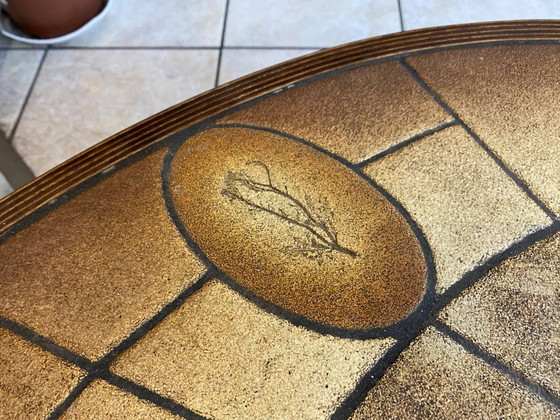 Image 1 of Table basse ronde ovale céramique Barrois Vallauris de 1960 modèle herbier vintage