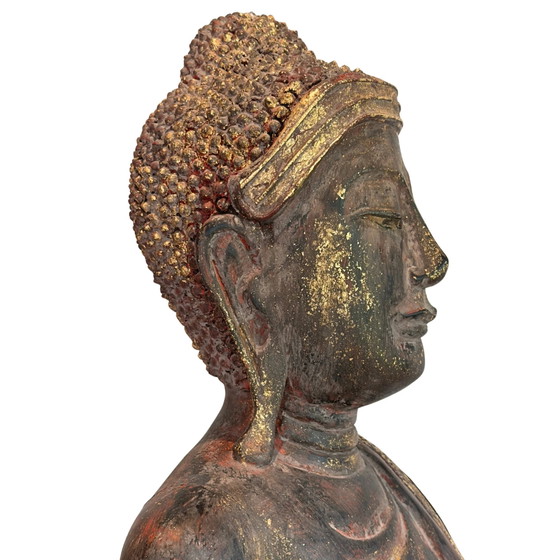 Antique Burmese Standing Buddha – Monumental Temple Statue in Teak Wood (166 cm) – Sculpture (photo 9 of 11)