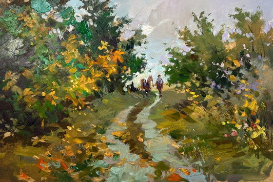 Image 1 of Peinture à l'huile originale Paysage de route d'été Un chemin à travers le silence de la forêt