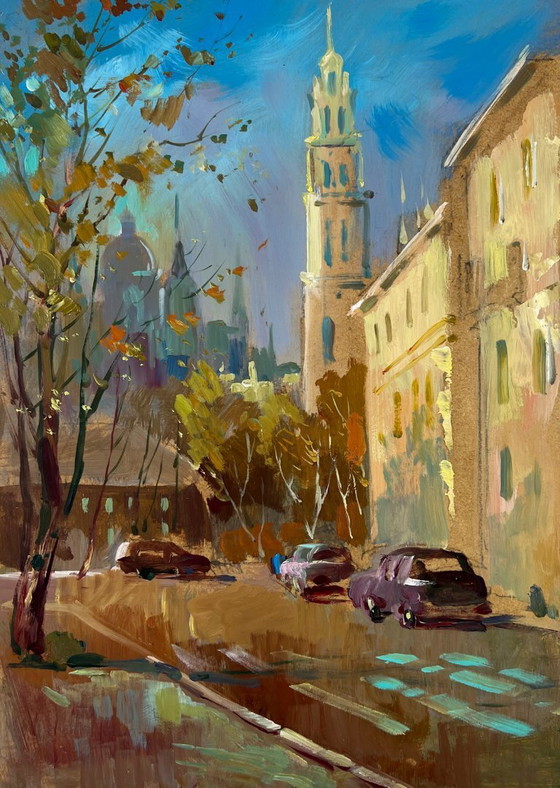 Image 1 of Original Oil Painting Autumn City Landscape Street in motion