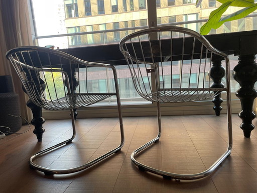 4x Italienischer Design Drahtgestell Esszimmerstuhl Chrom/Metall