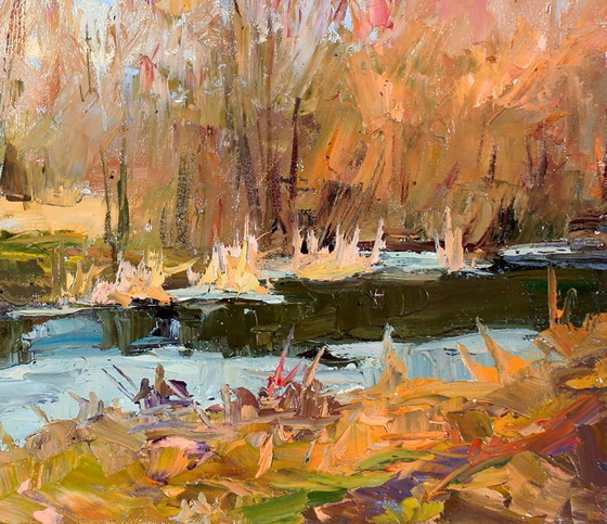 Origineel Schilderij Natuurlandschap Late Herfst Het Eerste IJs – Schilderijen & Tekeningen, Canvas (photo 7 of 7)
