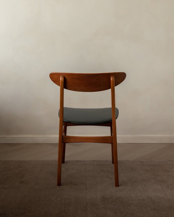 Image 1 of Vintage Danish Dining Chairs, Teak Backrest and Beech Frame, Newly Upholstered Black Skai Seats, 1960s