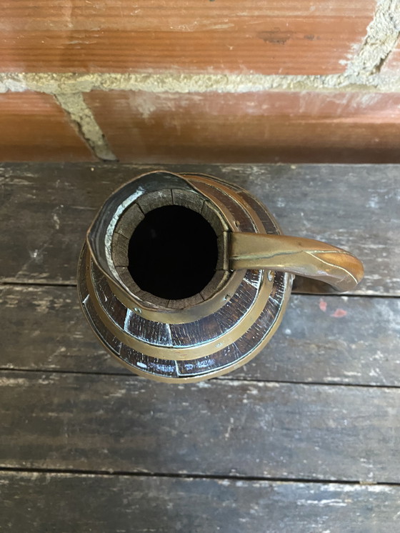 Image 1 of Pichet Ancien Tonneau Bois + Cerclage Cuivre Vintage #D379