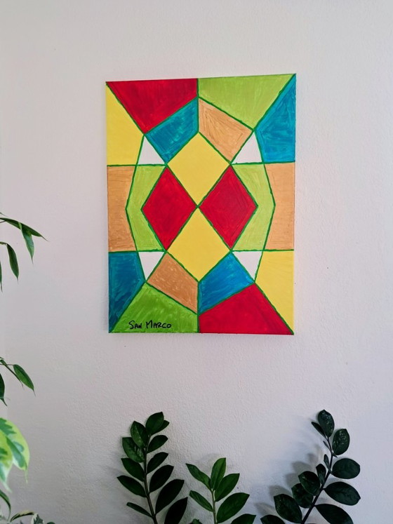 Pittura astratta geometrica, firmata Enzo SAN MARCO, Dipinti e disegni, Tela, Rosso, Abstract (foto 5 di 11)