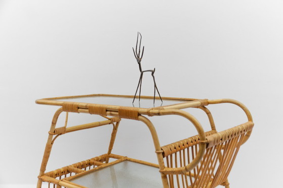 Image 1 of Carrello da portata italiano in bambù, rattan e vetro, anni '50