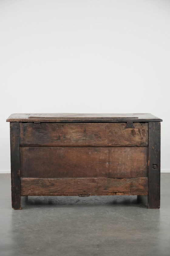 Image 1 of Large antique panelled English oak chest from the 18th century