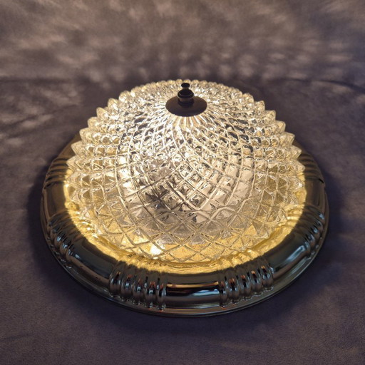 Vintage Glass Ceiling Light Ø32 cm, Flush Mount, E27 Socket, Gold Tone Metal Frame, Mid-Century Style