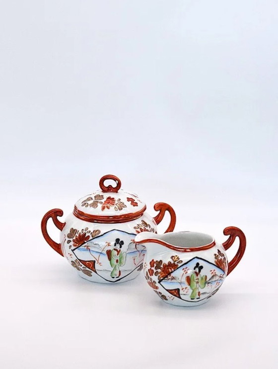 Image 1 of Service à thé Kutani japonais ancien du XXe siècle – Porcelaine peinte à la main