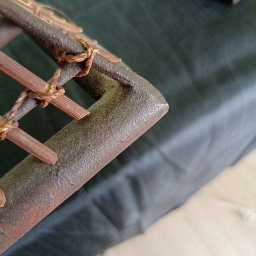 Duo de lampes de table vintage de caractère – Métal et rotin – Style brutaliste