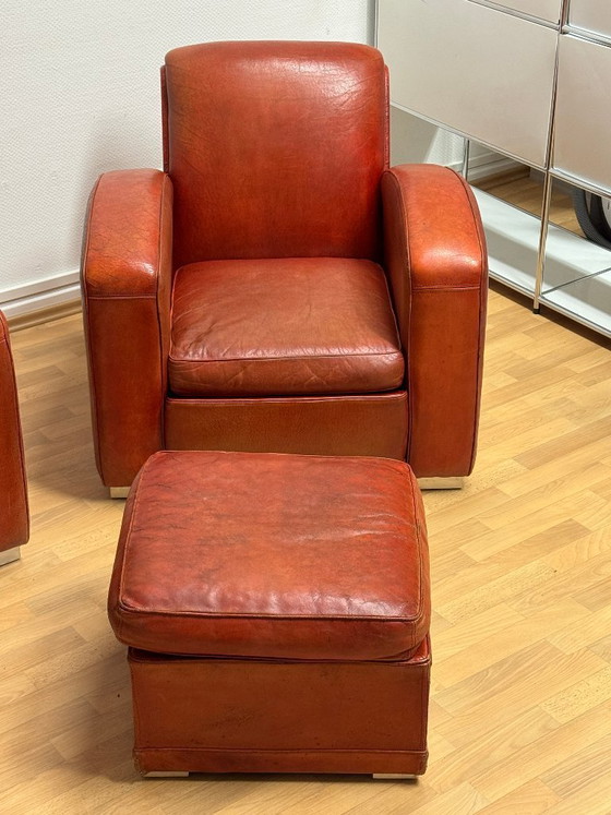 Image 1 of Brocantique Jacques Adnet Art Deco Set: Leren bank, fauteuil en poef