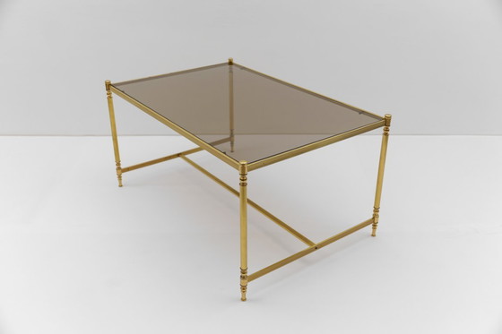 Image 1 of Tavolino da caffè quadrato in vetro dorato e fumé in stile Chiavari, anni '70