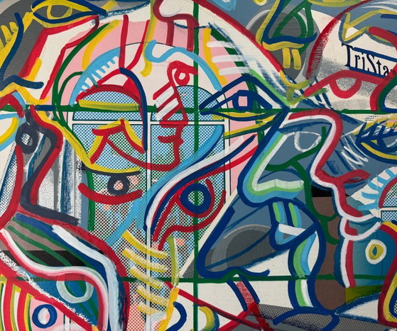 Image 1 of Thomas van der Linden – ‘Purple-brown interior with garden’ – mixed media on canvas