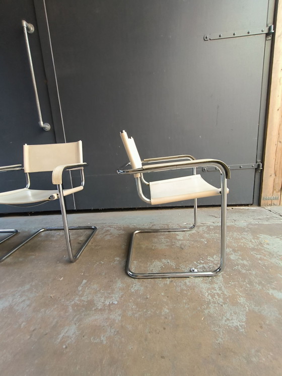 Mart Stam Bauhaus style chrome white leather Italian chairs, Dining chairs, Metal, Creme (photo 10 of 14)