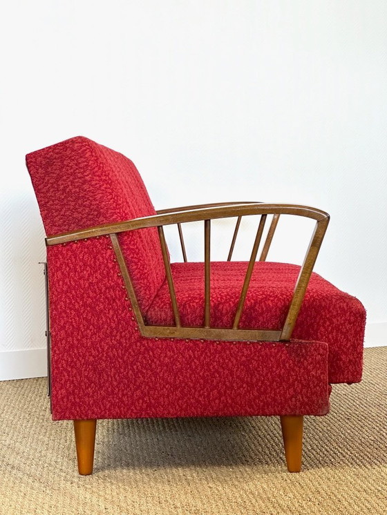 Image 1 of Vintage Scandinavische slaapbank van hout en stof, 1960