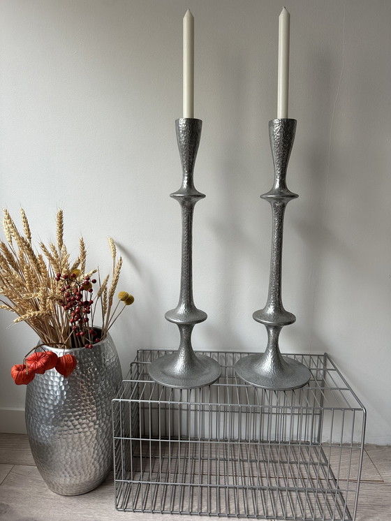 Image 1 of Two Big Vintage Aluminium Hammered Candle Holders