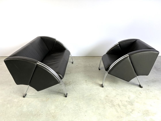 Set divano postmoderno di Young International, anni '80 – Zona salotto, Pelle, Cromo (photo 6 of 11)