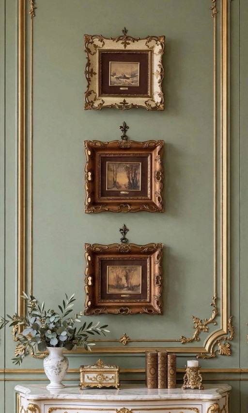 R. Degani Landschap Triptiek, jaren 60 Kunst, Neobarok Gouden Lijsten, Fluweel Passe-Partout, Winter & Herfst Wanddecoratie Set 