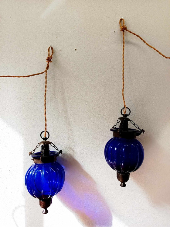 Image 1 of 2x Lampes Photophores en Verre Bleu Inde
