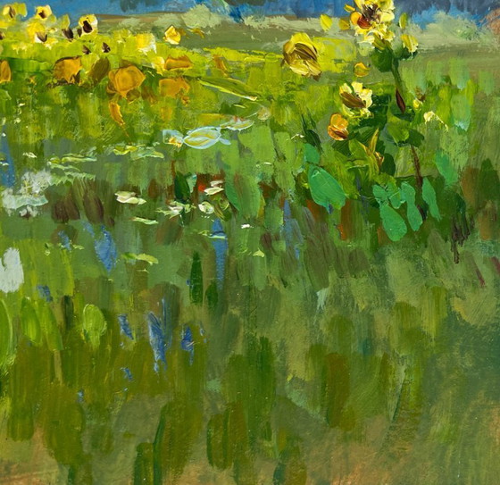 Image 1 of Original Oil Painting Flowers Field Landscape Sunflower fields