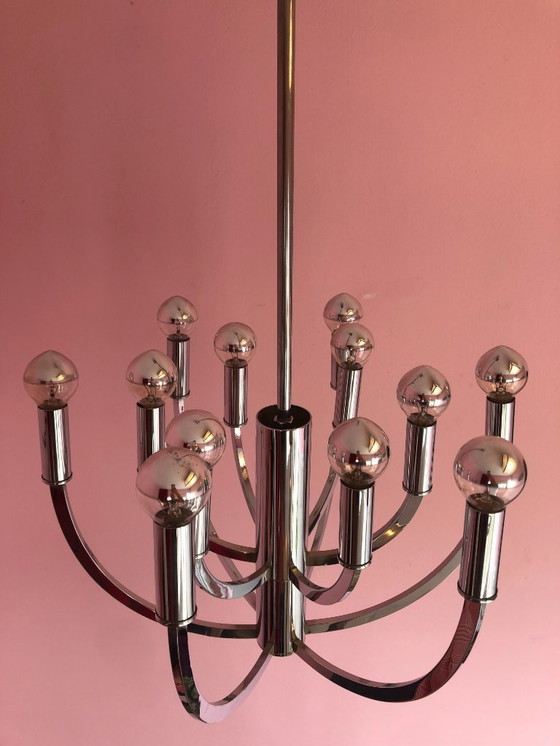 Image 1 of Suspension vintage chromée, 12 points lumineux.
