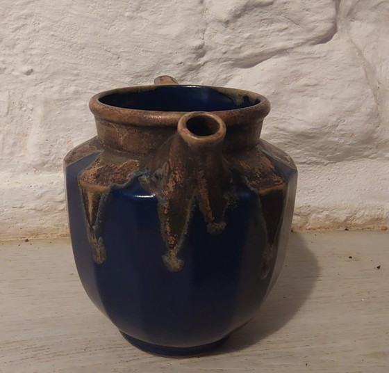 Image 1 of Blue and gold pitcher signed Denbac