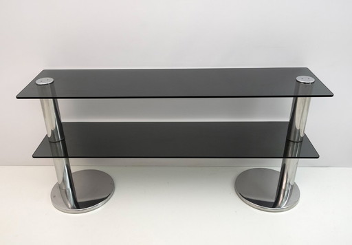 Console italienne moderne du milieu du siècle en acier chromé et verre fumé, 1970