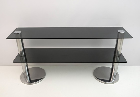 Image 1 of Mid-Century Modern Italienische Konsole aus verchromtem Stahl und Rauchglas, 1970er Jahre