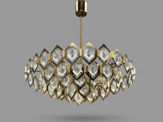 Image 1 of Lampadario in vetro sfaccettato Ottone Jaroslav Bejvl Kamenický Šenov anni '60 Cecoslovacchia