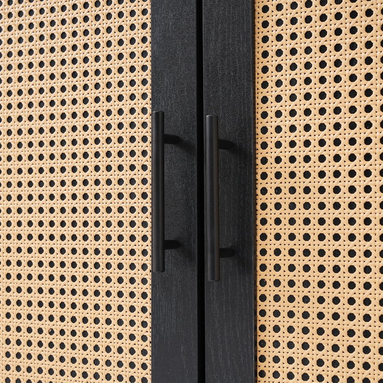 Image 1 of Credenza nera Urban Meuble con ante in vetro in rattan, anta semicircolare 160*40*80cm VELZU