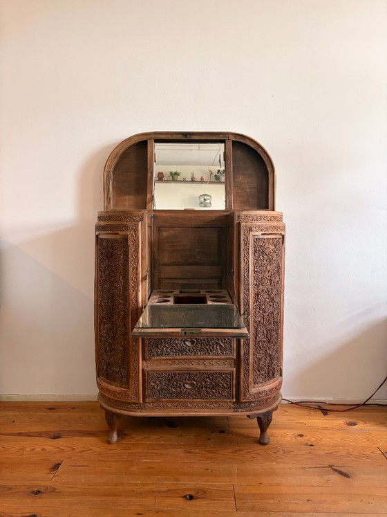 Handgesneden Kashmiri Drankkast – Art Deco – India, Jaren 60 – Drankenkasten, Wood (photo 5 of 10)