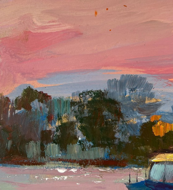 Image 1 of Peinture à l'huile originale, paysage de village au crépuscule, bateau sous les fenêtres de la mer