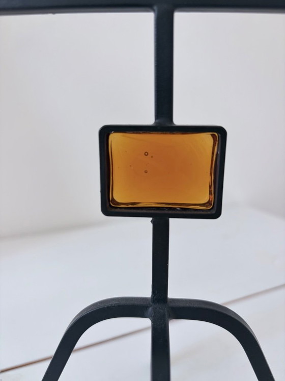 Image 1 of Gunnar Ander (attribuito) per Ystad-Metall – Candelabro in ferro battuto e vetro ambrato, Svezia, anni '60