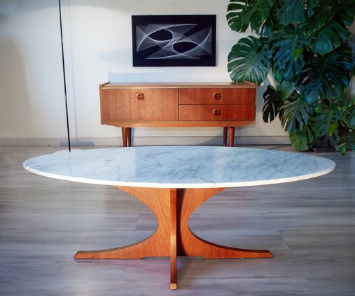 Table Basse Hugues Poignant, Teck et Marbre, 1960