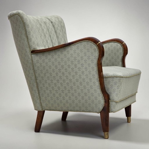 Fauteuil danois des années 1960, tissu d'ameublement bleu clair, bois de hêtre.