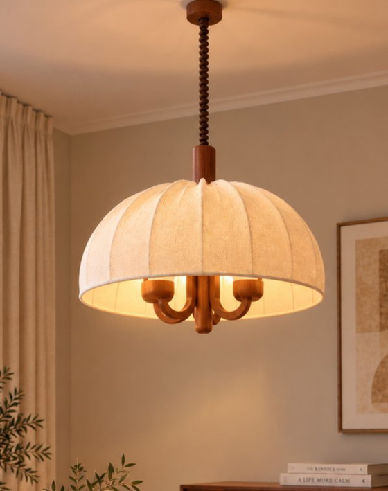 DOMUS 1970s Teak 5-Arm Pendant Lamp – Original Fabric Shade – Mid Century, Very Good Condition (photo 6 of 12)