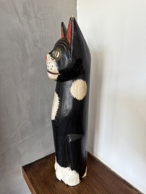 Image 1 of Vintage houten kat zwart wit 41cm