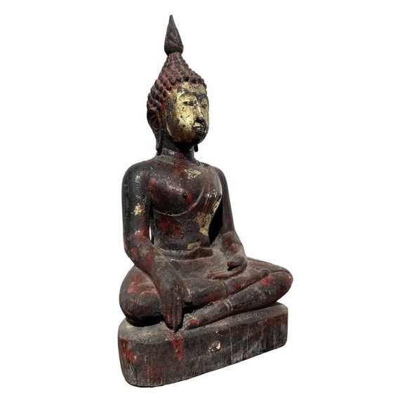 Antique Burmese Buddha - Teak Wood & Gold Leaf - 29cm – Sculpture (photo 2 of 12)
