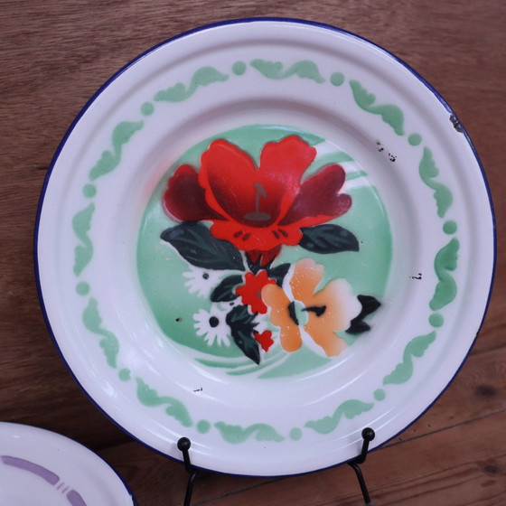 7 bedruckte florale Emaille-Teller "bon voyage" Made in China – Geschirr, Vintage (photo 3 of 12)