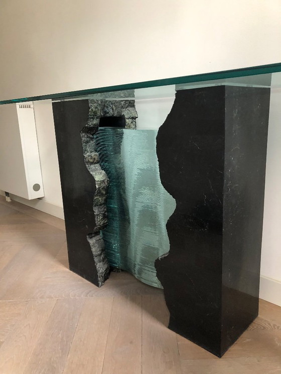 Image 1 of Vintage Roche Bobois consolewagen - Glazen gordijn met marmer