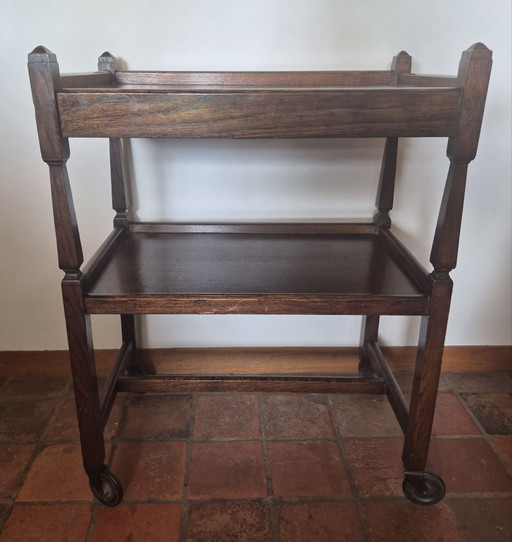 Karakteristieke Engelse Eiken Bar Cart, wandtrolley, sidetable met Besteklade (ca. 1920)