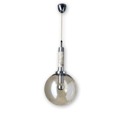 Vintage hanglamp in marmer, geborsteld roestvrij staal en rookglas, Italië 1970