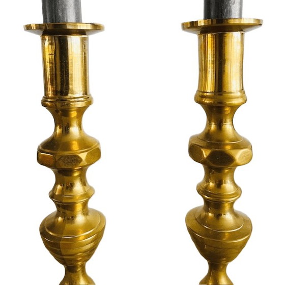 Image 1 of Set of antique English brass pusher candlesticks from the 1890s