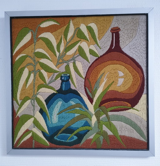 tapisserie dame-jeanne feuillages années 70