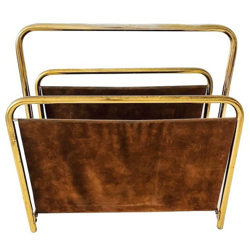 Vintage Hollywood Regency Zeitschriftenständer aus Metall und Wildleder, 1970er Jahre